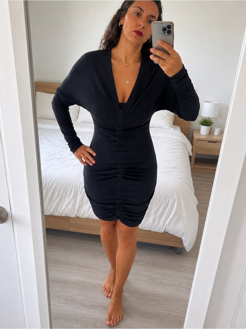 Cushnie Navy Ruched V-Neck Long Sleeve Tunic